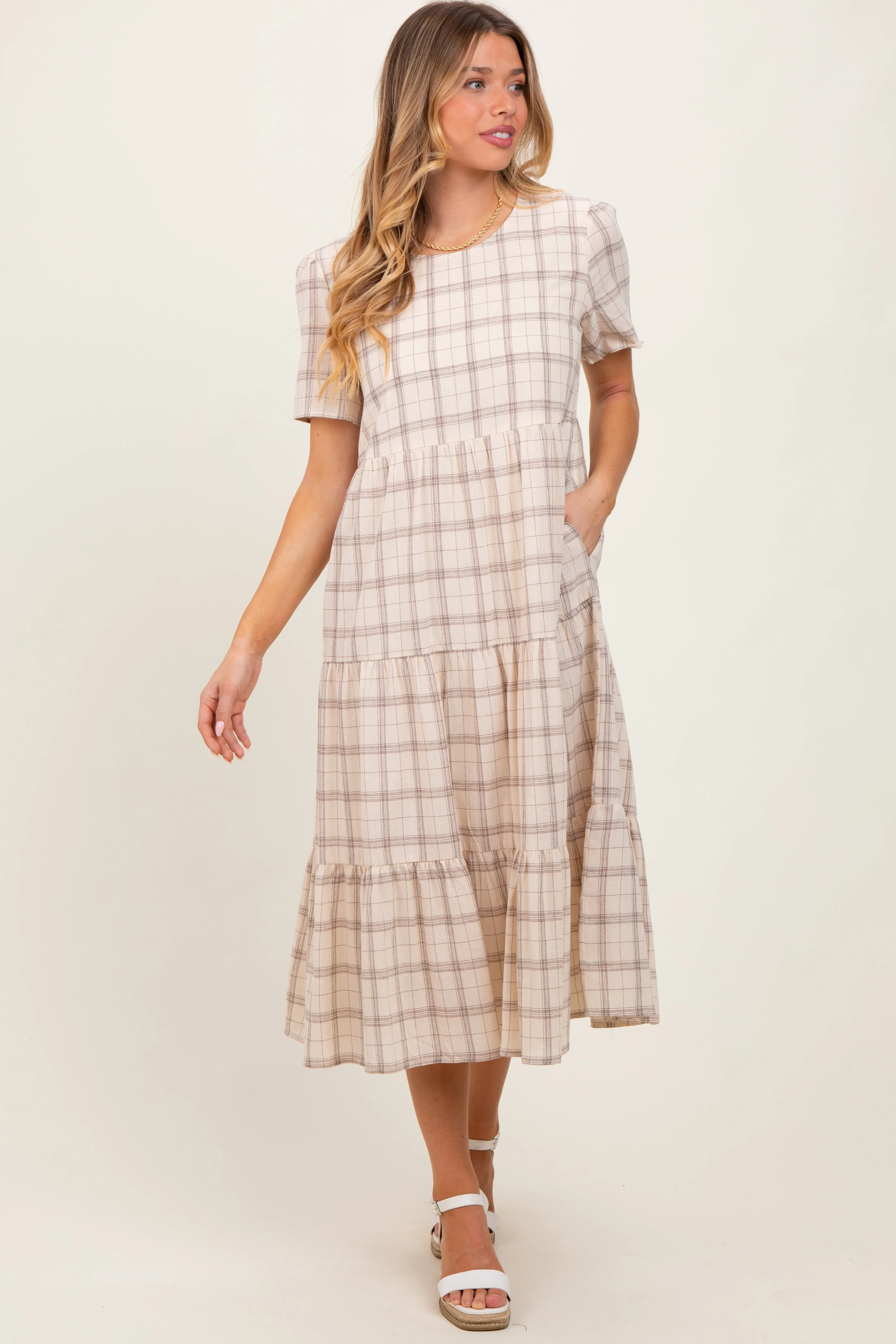 Ivory Plaid Tiered Short Sleeve Maternity Dress sold by Pinkblush product image thumbnail 3