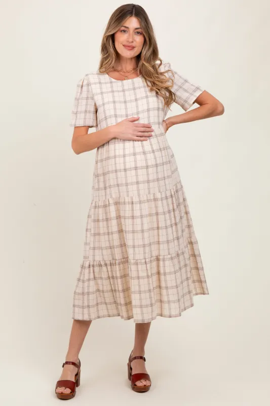 Ivory Plaid Tiered Short Sleeve Maternity Dress sold by Pinkblush