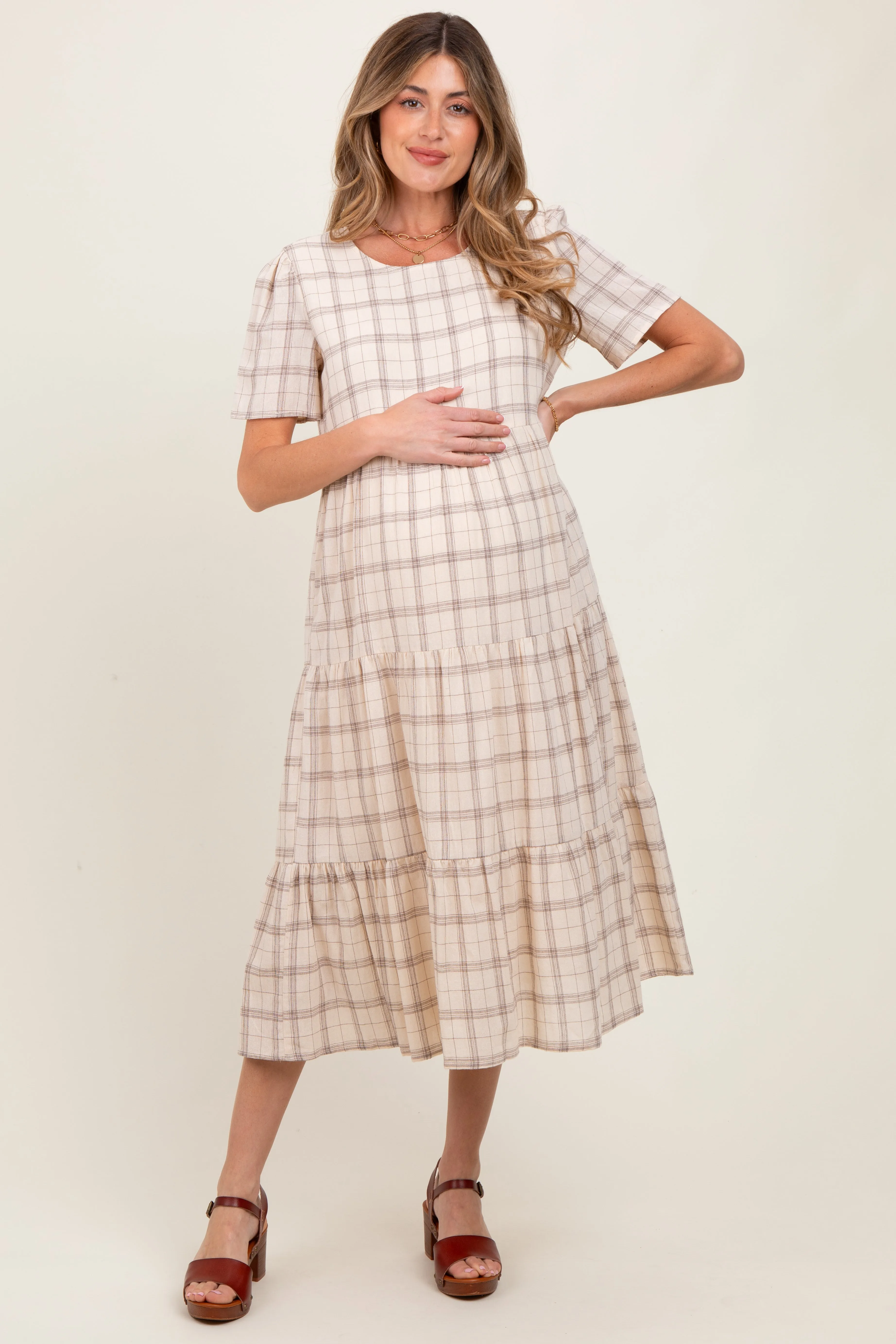Ivory Plaid Tiered Short Sleeve Maternity Dress sold by Pinkblush