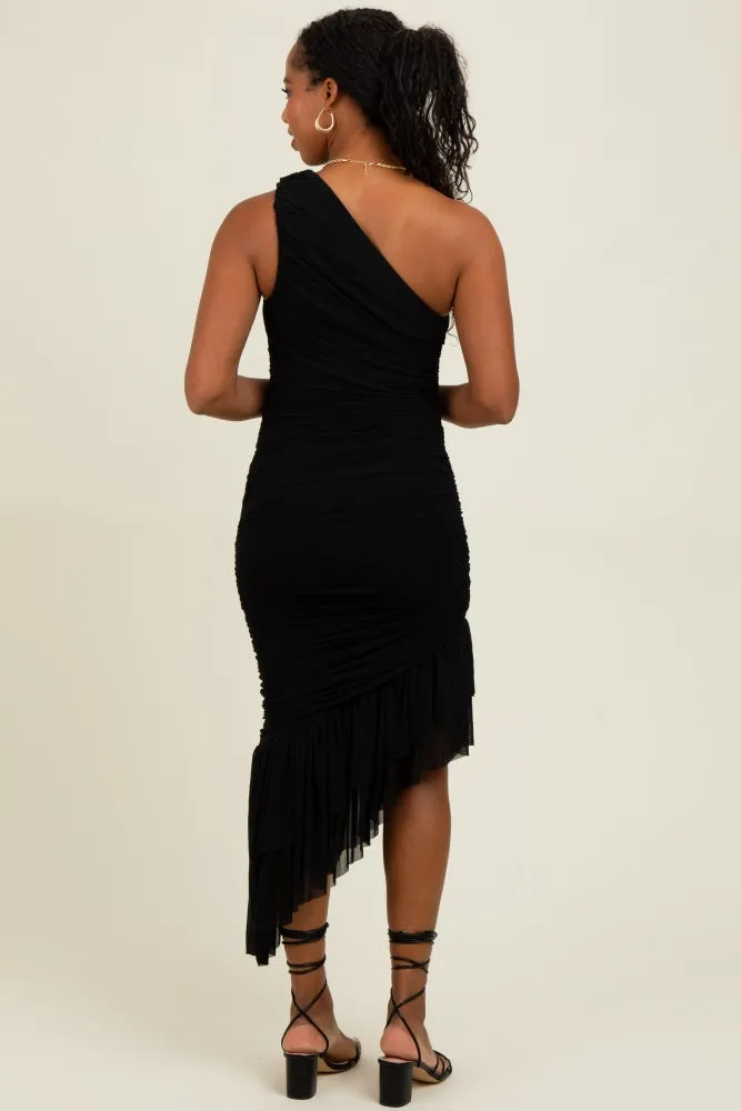 Black Ruched Mesh One Shoulder Asymmetric Dress sold by Pinkblush product image thumbnail 3