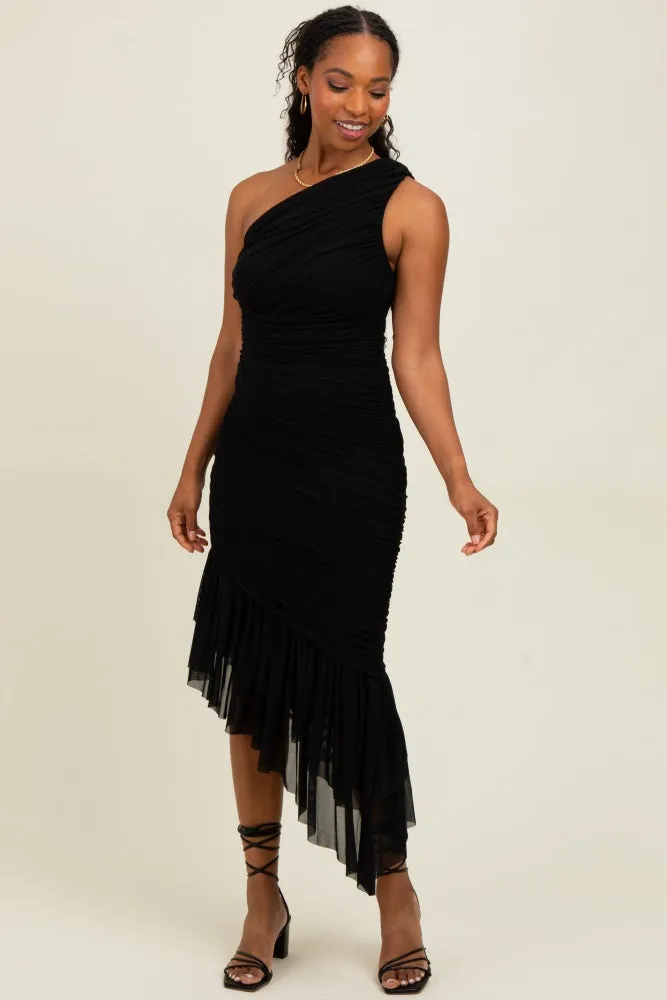 Black Ruched Mesh One Shoulder Asymmetric Dress sold by Pinkblush