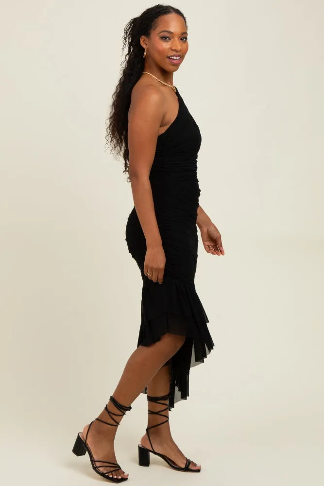 Black Ruched Mesh One Shoulder Asymmetric Dress sold by Pinkblush product image thumbnail 2