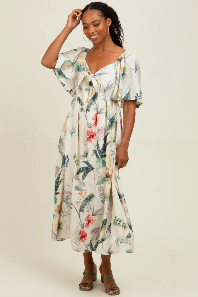 Cream Tropical Print Front Tie Flutter Sleeve Midi Dress sold by Pinkblush