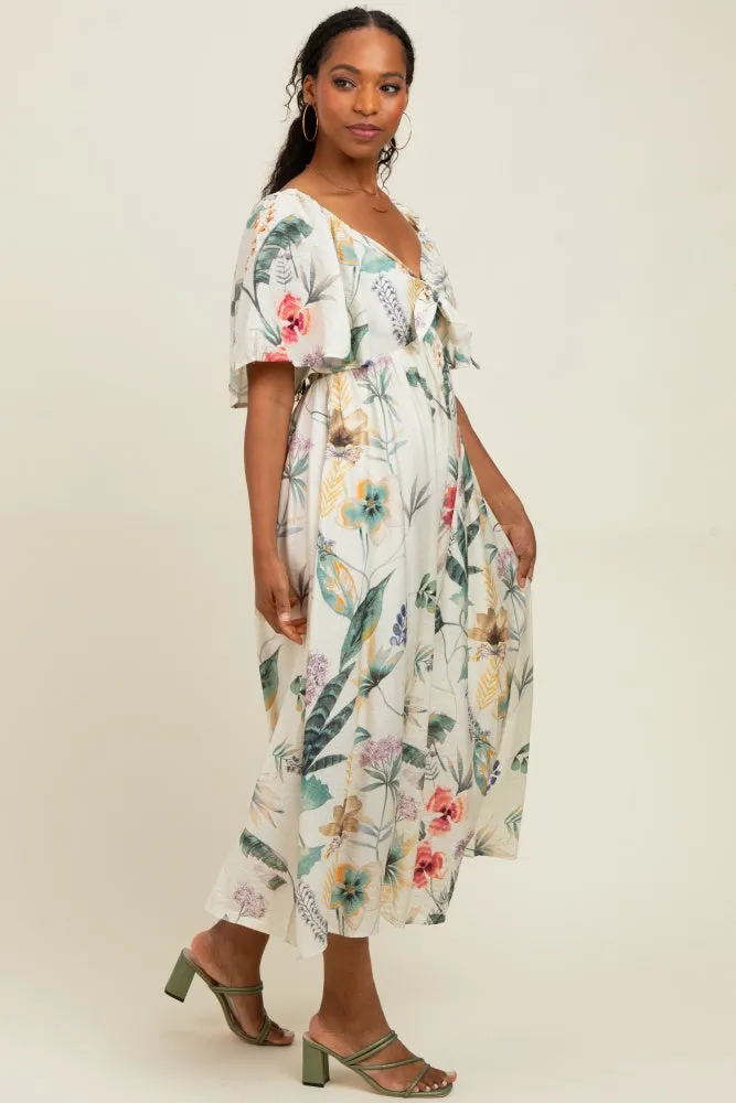 Cream Tropical Print Front Tie Flutter Sleeve Midi Dress sold by Pinkblush product image thumbnail 2