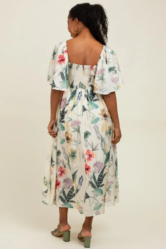 Cream Tropical Print Front Tie Flutter Sleeve Midi Dress sold by Pinkblush product image thumbnail 3