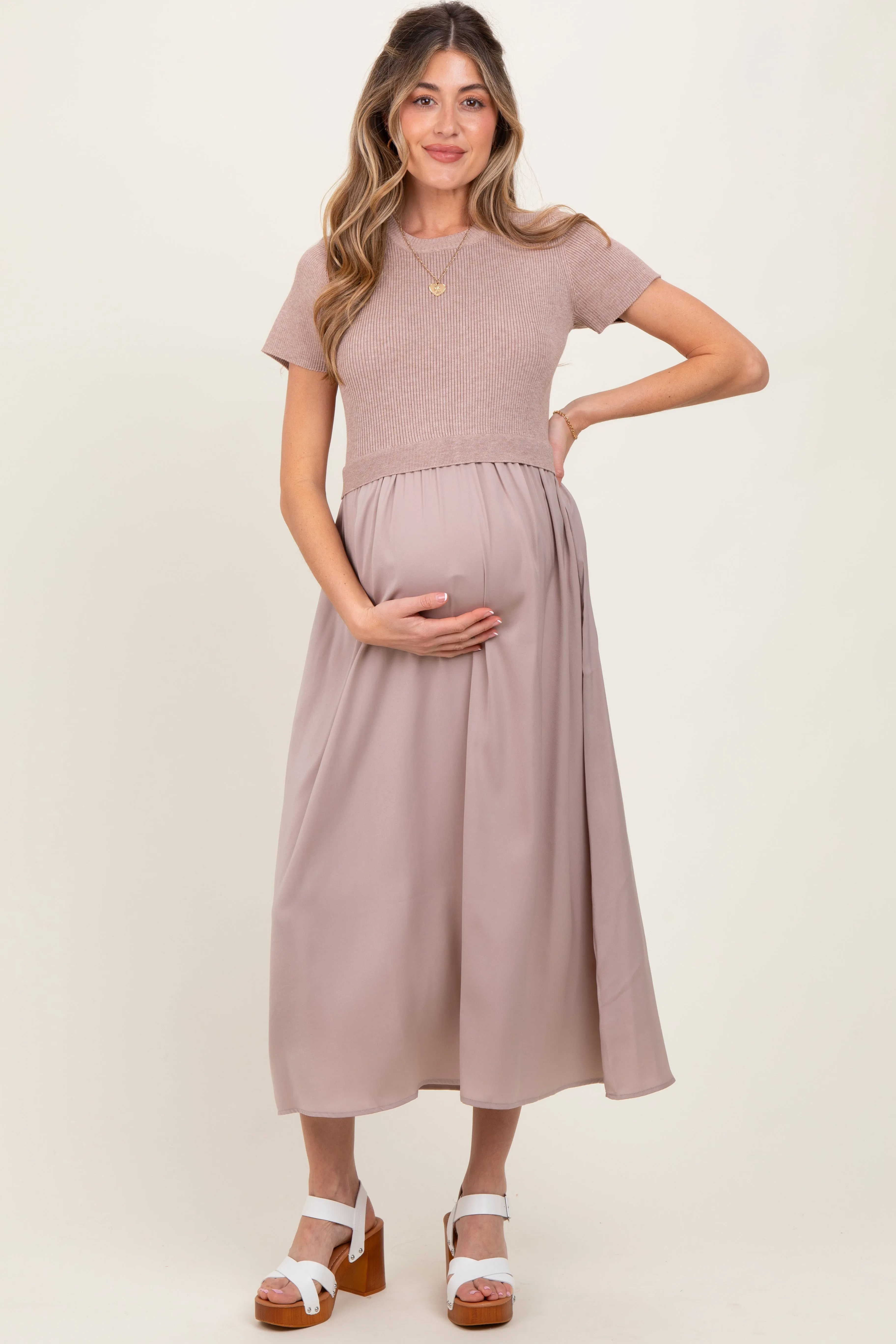 Taupe Knit Contrast Top Satin Short Sleeve Maternity Midi Dress sold by Pinkblush