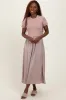 Taupe Knit Contrast Top Satin Short Sleeve Maternity Midi Dress sold by Pinkblush