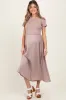 Taupe Knit Contrast Top Satin Short Sleeve Maternity Midi Dress sold by Pinkblush