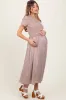 Taupe Knit Contrast Top Satin Short Sleeve Maternity Midi Dress sold by Pinkblush