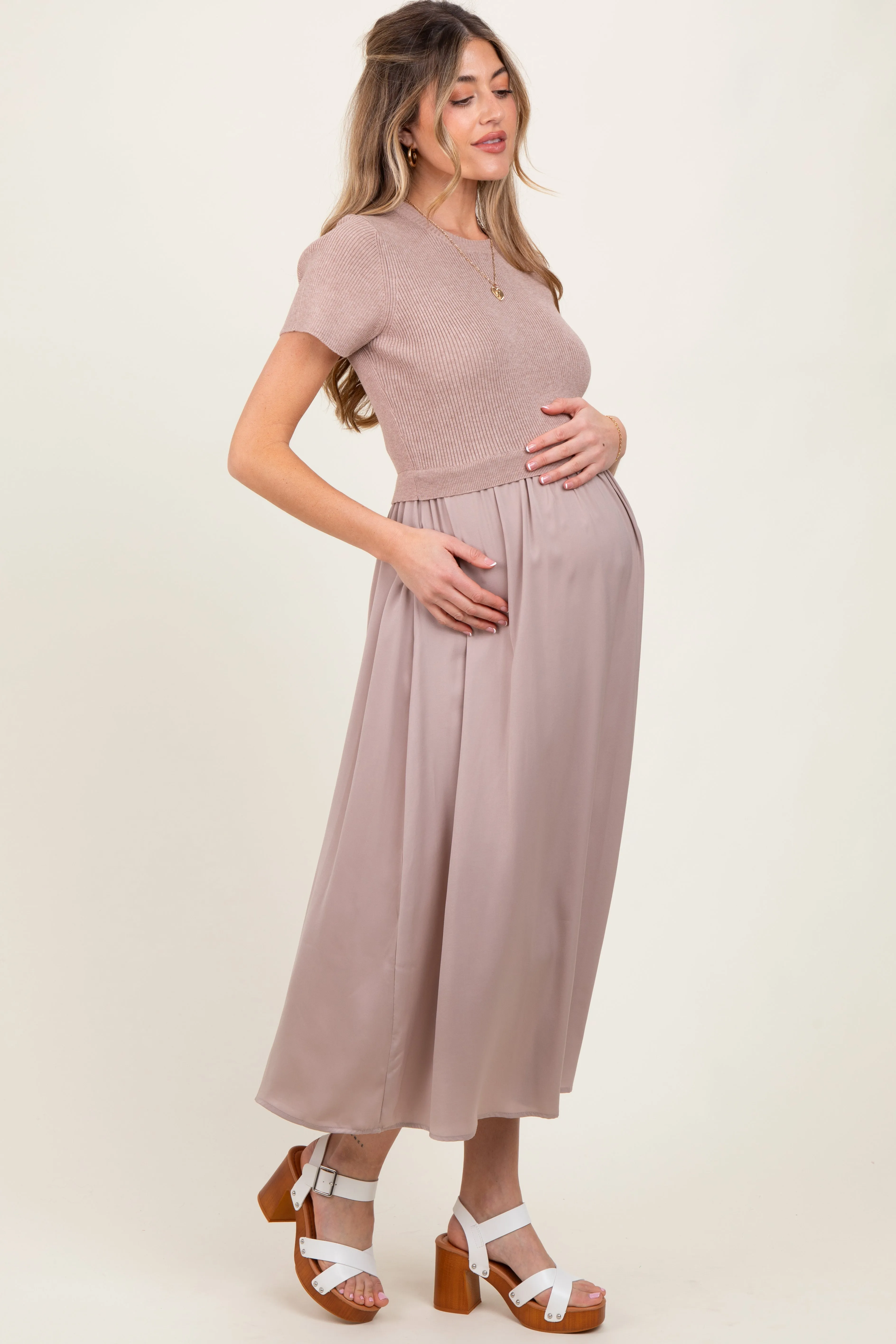 Taupe Knit Contrast Top Satin Short Sleeve Maternity Midi Dress sold by Pinkblush product image thumbnail 3