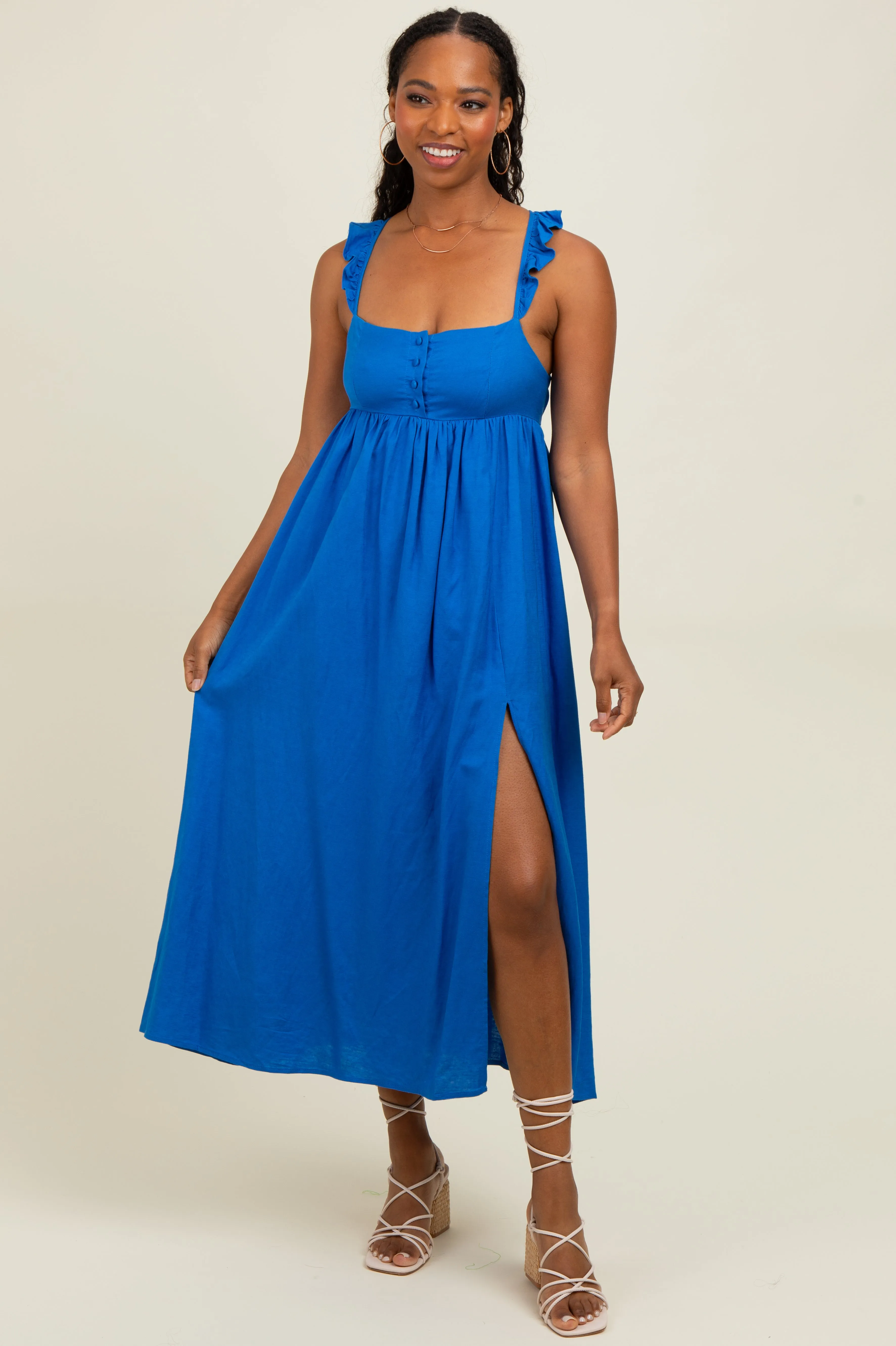 Blue Ruffle Strap Cutout Tie Back Midi Dress sold by Pinkblush