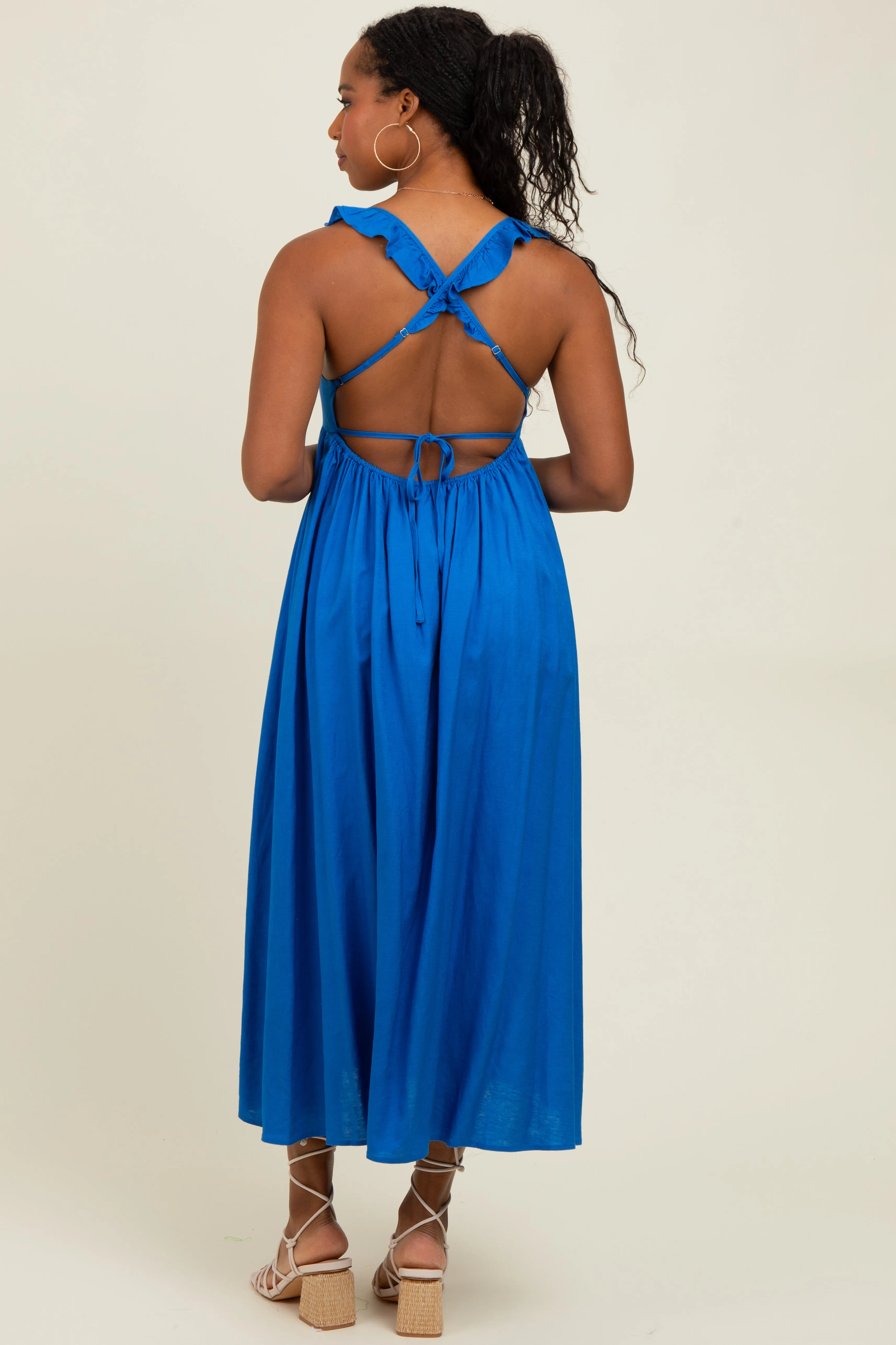 Blue Ruffle Strap Cutout Tie Back Midi Dress sold by Pinkblush product image thumbnail 3