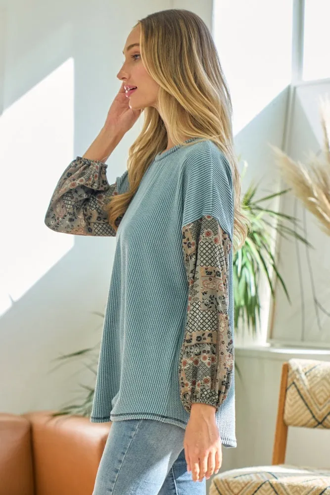 Light Blue Floral Ribbed Colorblock Long Sleeve sold by Pinkblush product image thumbnail 3