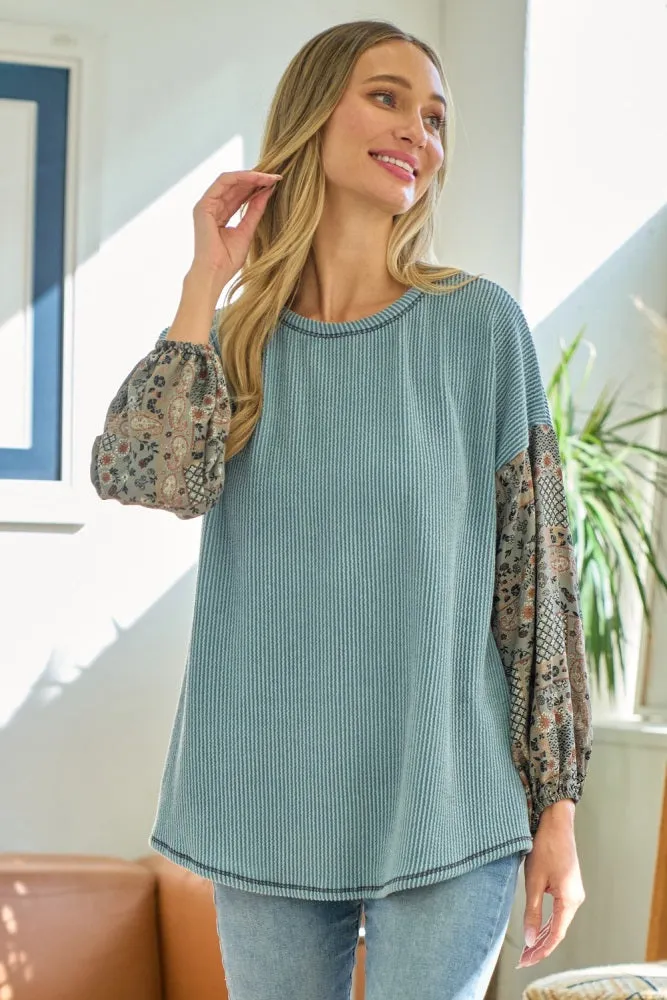 Light Blue Floral Ribbed Colorblock Long Sleeve sold by Pinkblush product image thumbnail 5