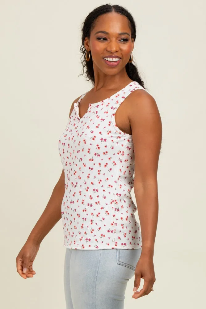 Ivory Floral Ribbed Split Neck Tank Top sold by Pinkblush product image thumbnail 3