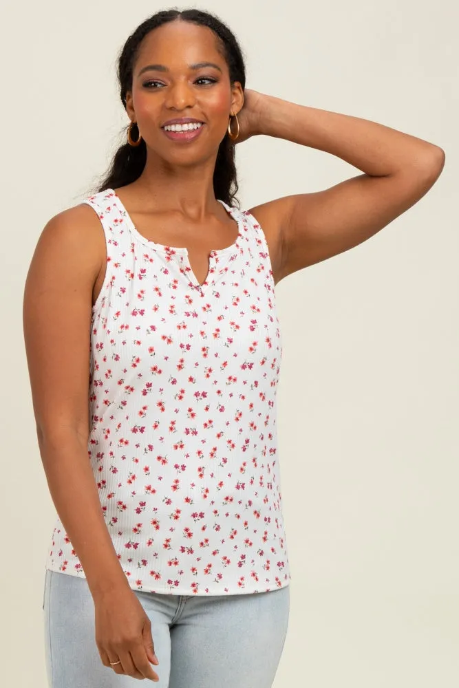 Ivory Floral Ribbed Split Neck Tank Top sold by Pinkblush