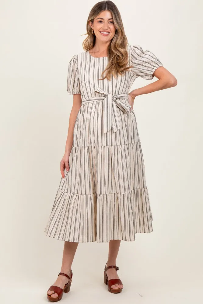 Olive Stripe Tiered Tied Waist Maternity Midi Dress sold by Pinkblush product image thumbnail 2