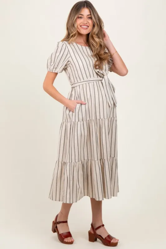 Olive Stripe Tiered Tied Waist Maternity Midi Dress sold by Pinkblush