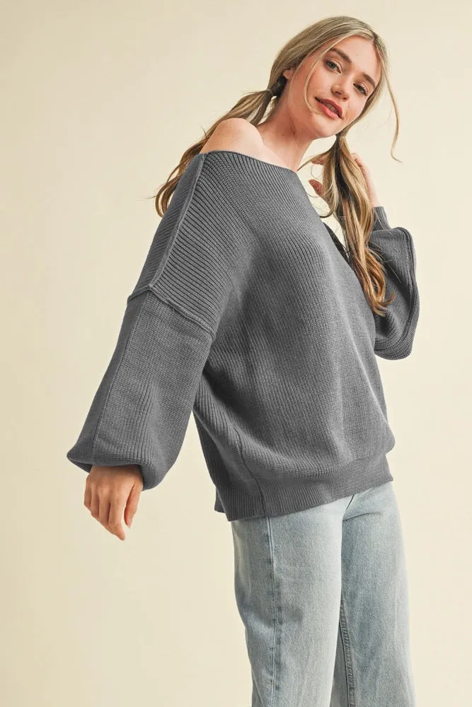 Charcoal Balloon Sleeve Boat Neck Knit Sweater sold by Pinkblush product image thumbnail 3