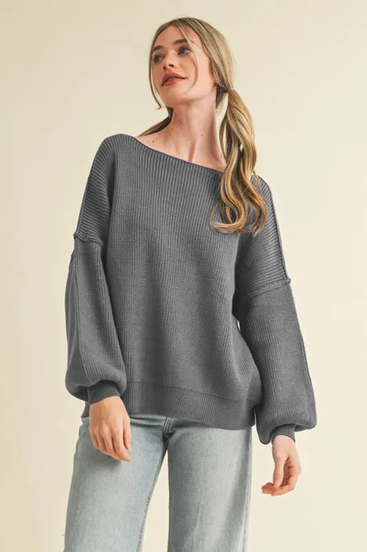 Charcoal Balloon Sleeve Boat Neck Knit Sweater sold by Pinkblush