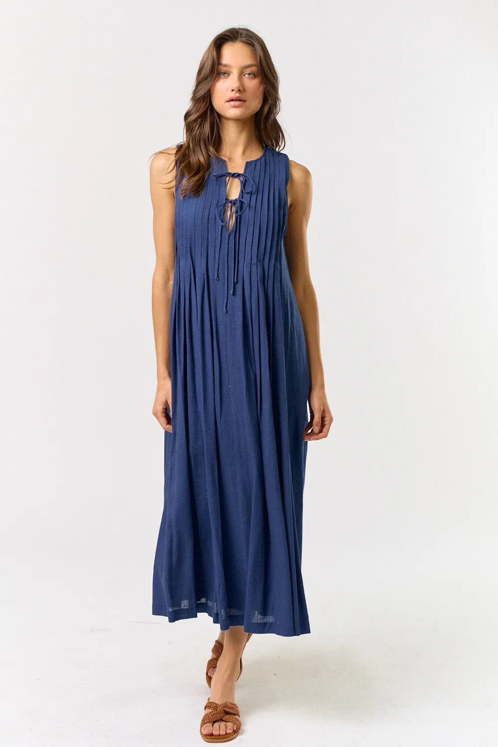 Navy Pleated Double Front Tie Sleeveless Midi Dress sold by Pinkblush