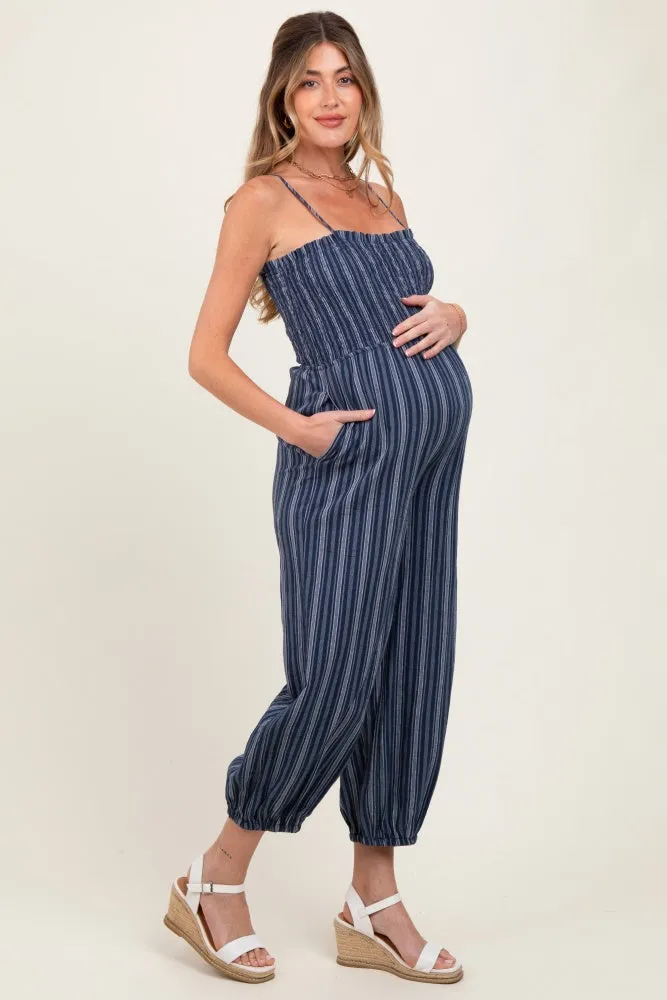 Navy Smocked Striped Balloon Maternity Jumpsuit sold by Pinkblush product image thumbnail 2