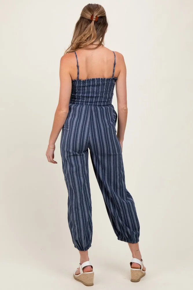 Navy Smocked Striped Balloon Maternity Jumpsuit sold by Pinkblush product image thumbnail 3