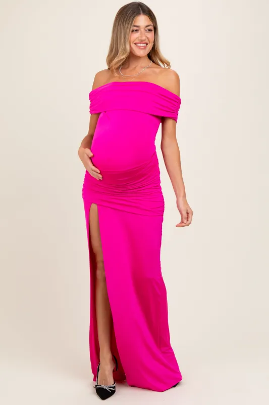 Fuchsia Foldover Off Shoulder Ruched High Slit Maternity Maxi Dress sold by Pinkblush