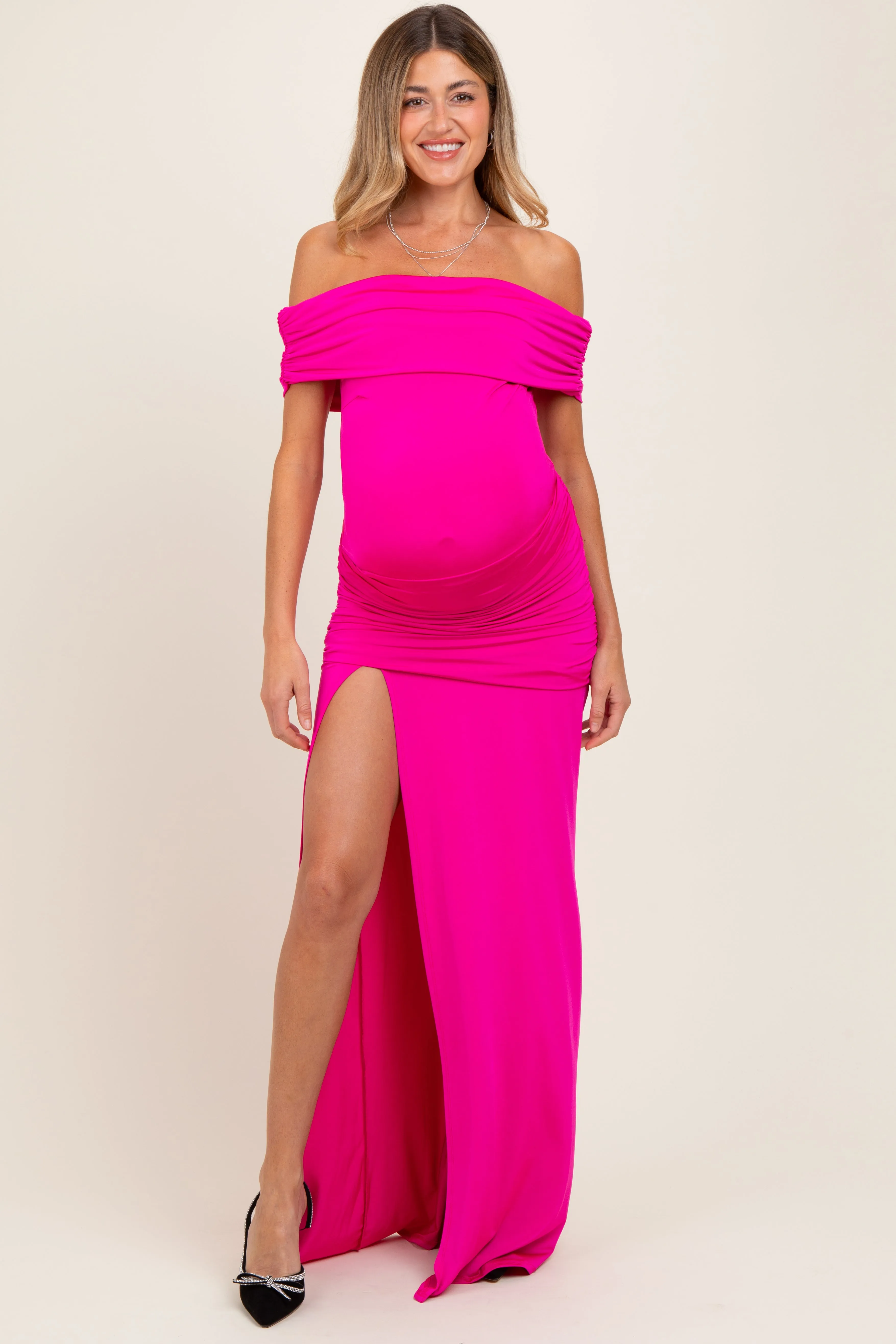 Fuchsia Foldover Off Shoulder Ruched High Slit Maternity Maxi Dress sold by Pinkblush product image thumbnail 2
