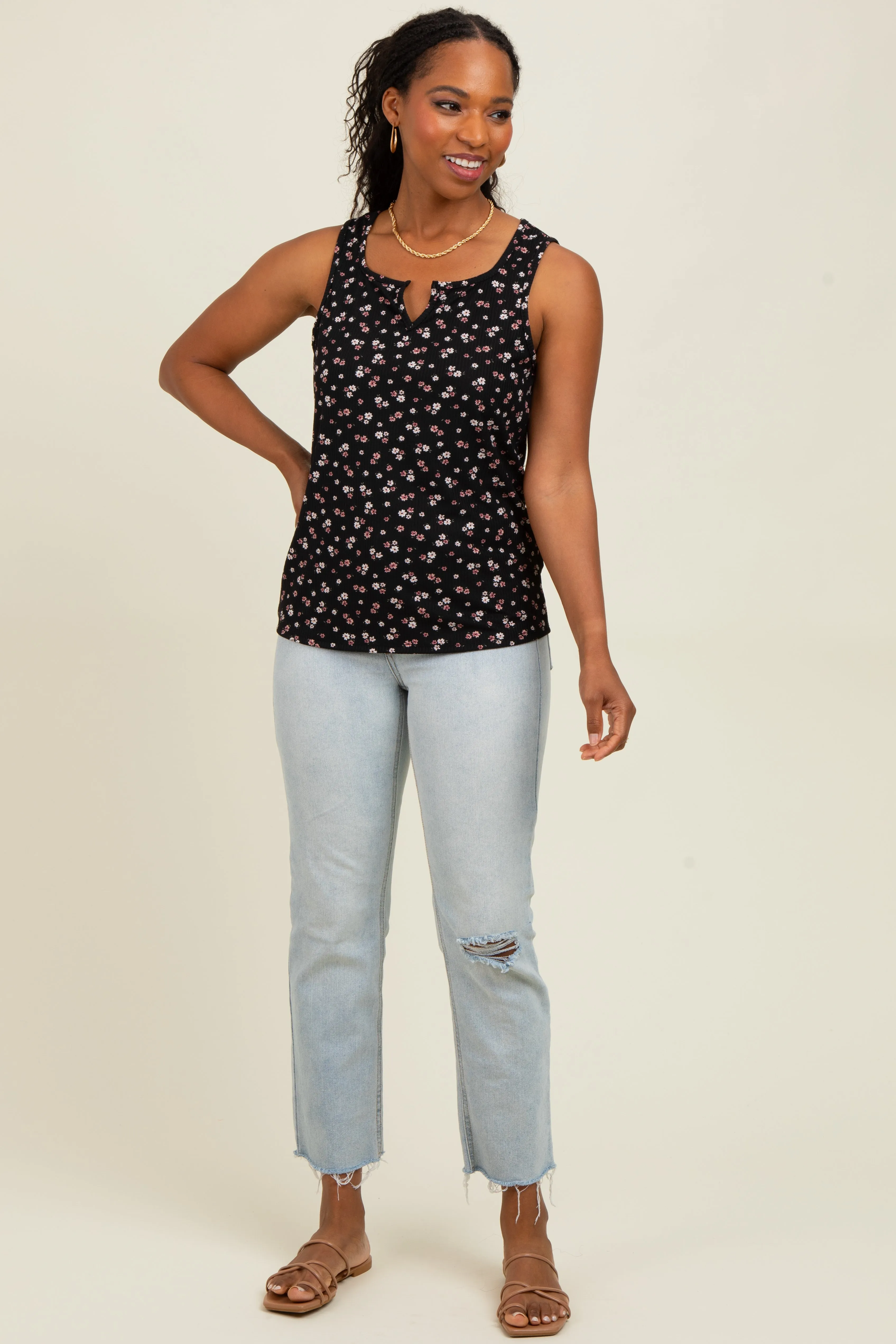Black Floral Ribbed Split Neck Tank Top sold by Pinkblush product image thumbnail 2