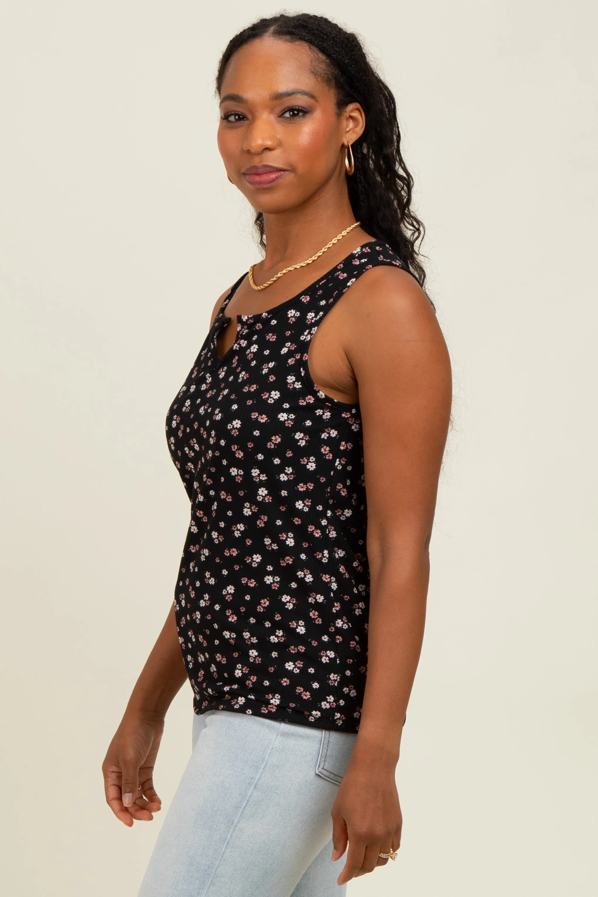 Black Floral Ribbed Split Neck Tank Top sold by Pinkblush product image thumbnail 3