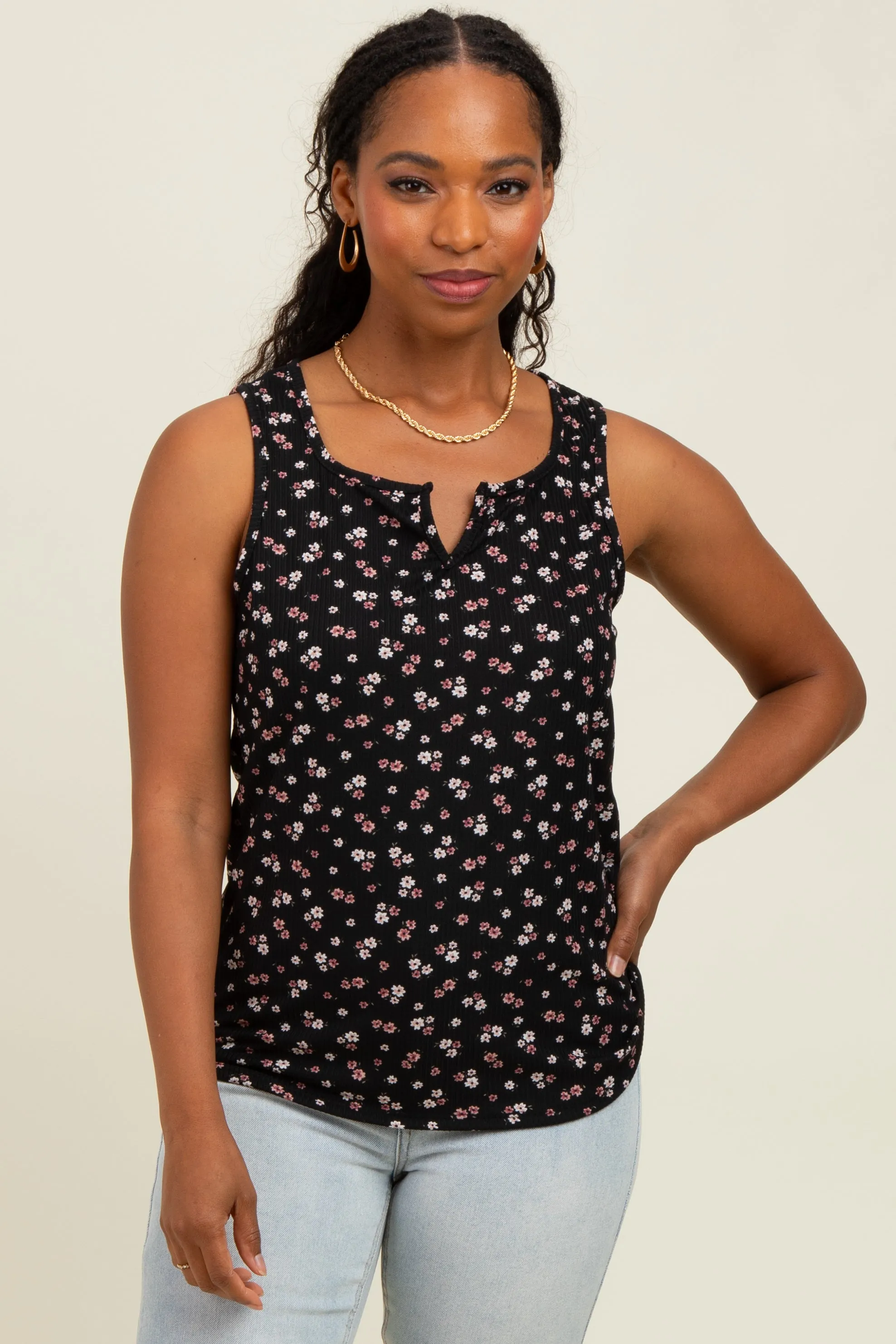 Black Floral Ribbed Split Neck Tank Top sold by Pinkblush