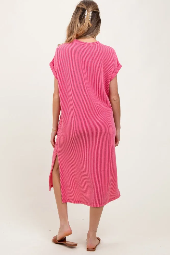 Pink Ribbed Short Sleeve Front Pocket Maternity Midi Dress sold by Pinkblush product image thumbnail 3