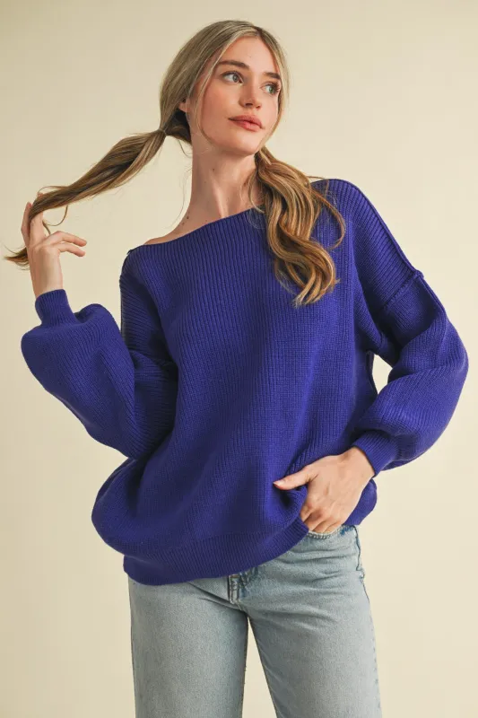 Royal Blue Balloon Sleeve Boat Neck Knit Sweater made by Pinkblush