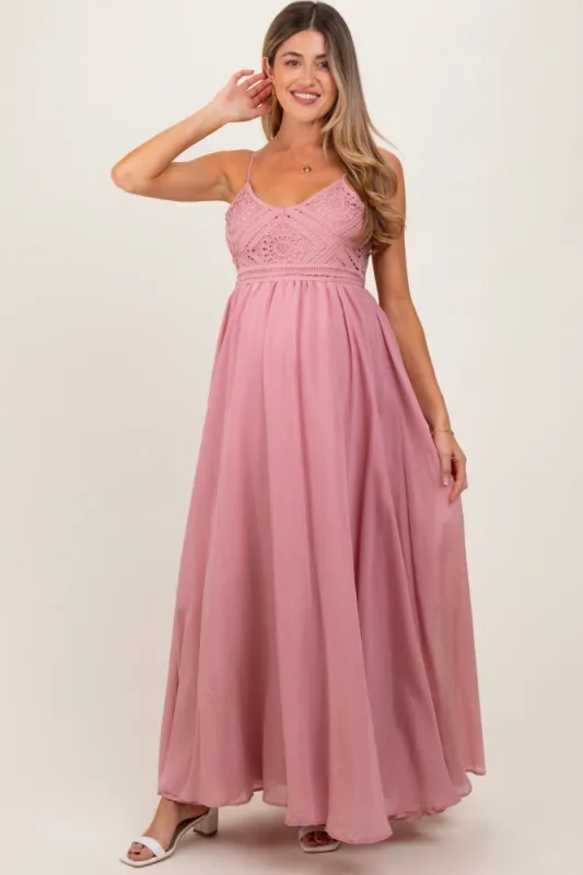Mauve Crochet Bodice Maternity Maxi Dress sold by Pinkblush