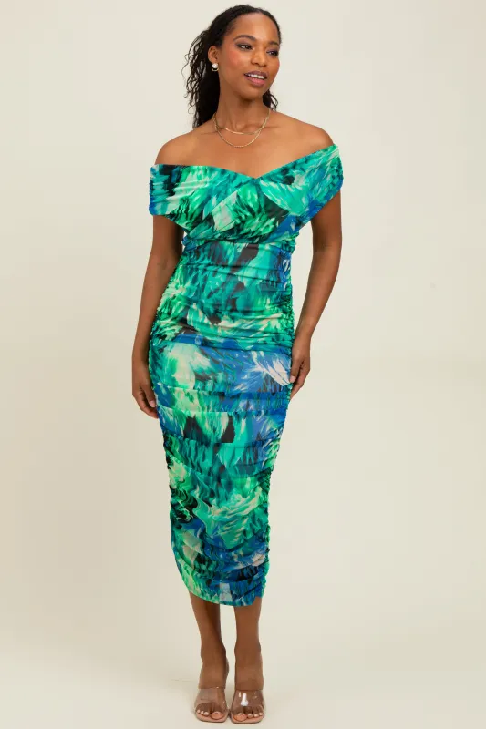 Green Printed Off Shoulder Ruched Midi Dress sold by Pinkblush