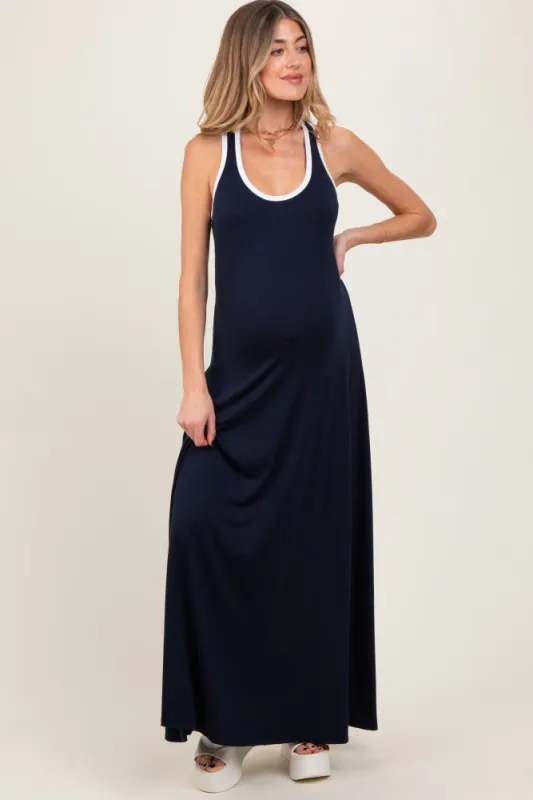 Navy Solid Open Back Sleeveless Maternity Maxi Dress sold by Pinkblush