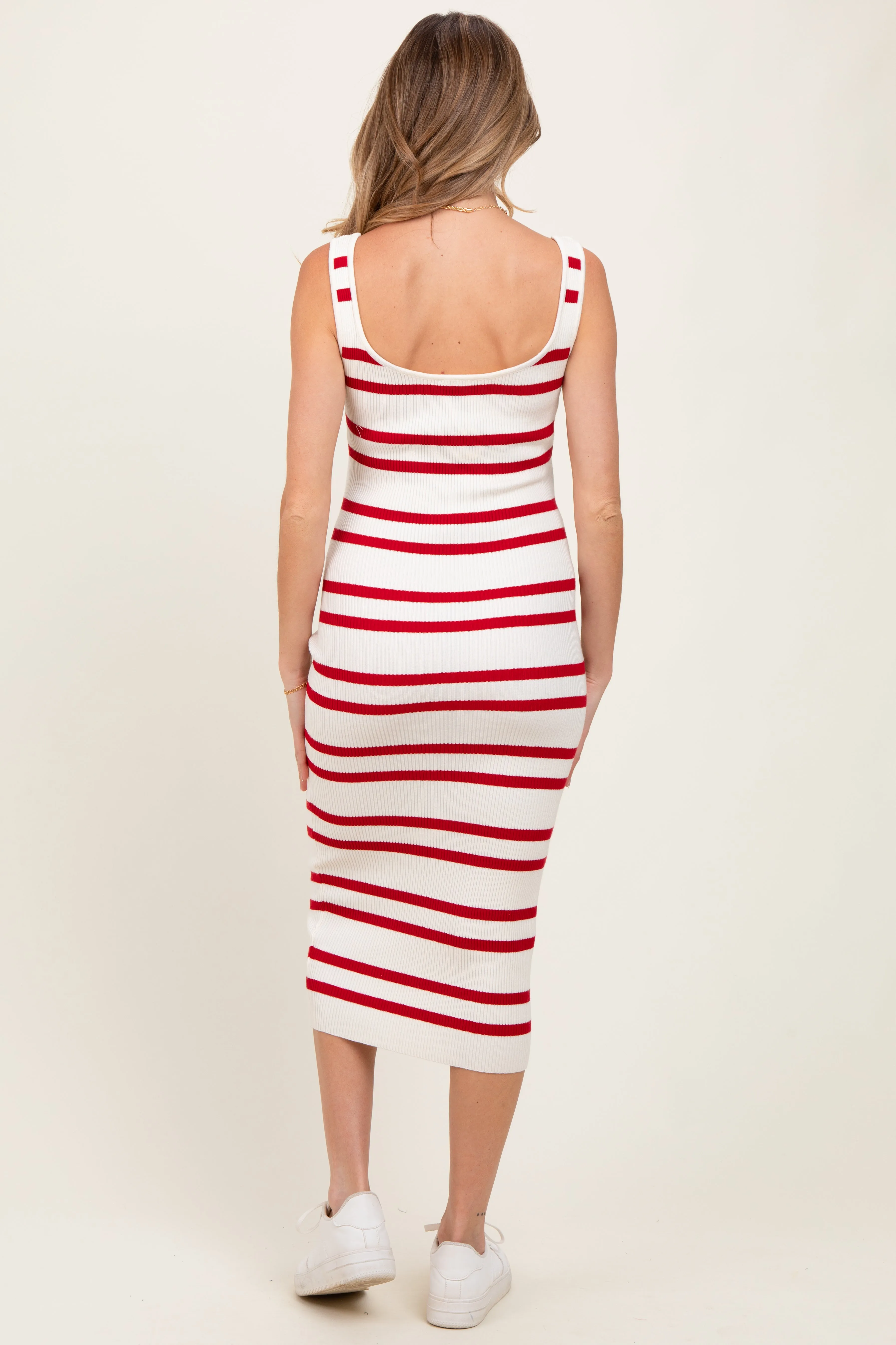 Red Striped Ribbed Knit Sleeveless Maternity Midi Dress sold by Pinkblush product image thumbnail 3