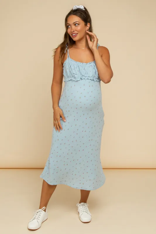 Light Blue Cherry Print Shoulder Tie Maternity Midi Dress sold by Pinkblush