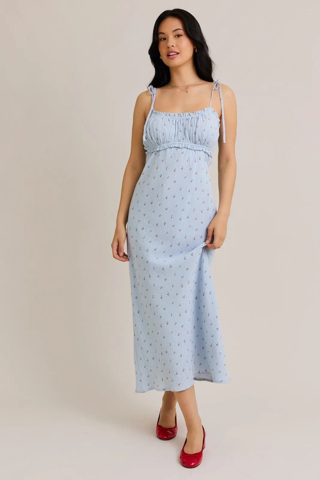 Light Blue Cherry Print Shoulder Tie Maternity Midi Dress sold by Pinkblush product image thumbnail 2