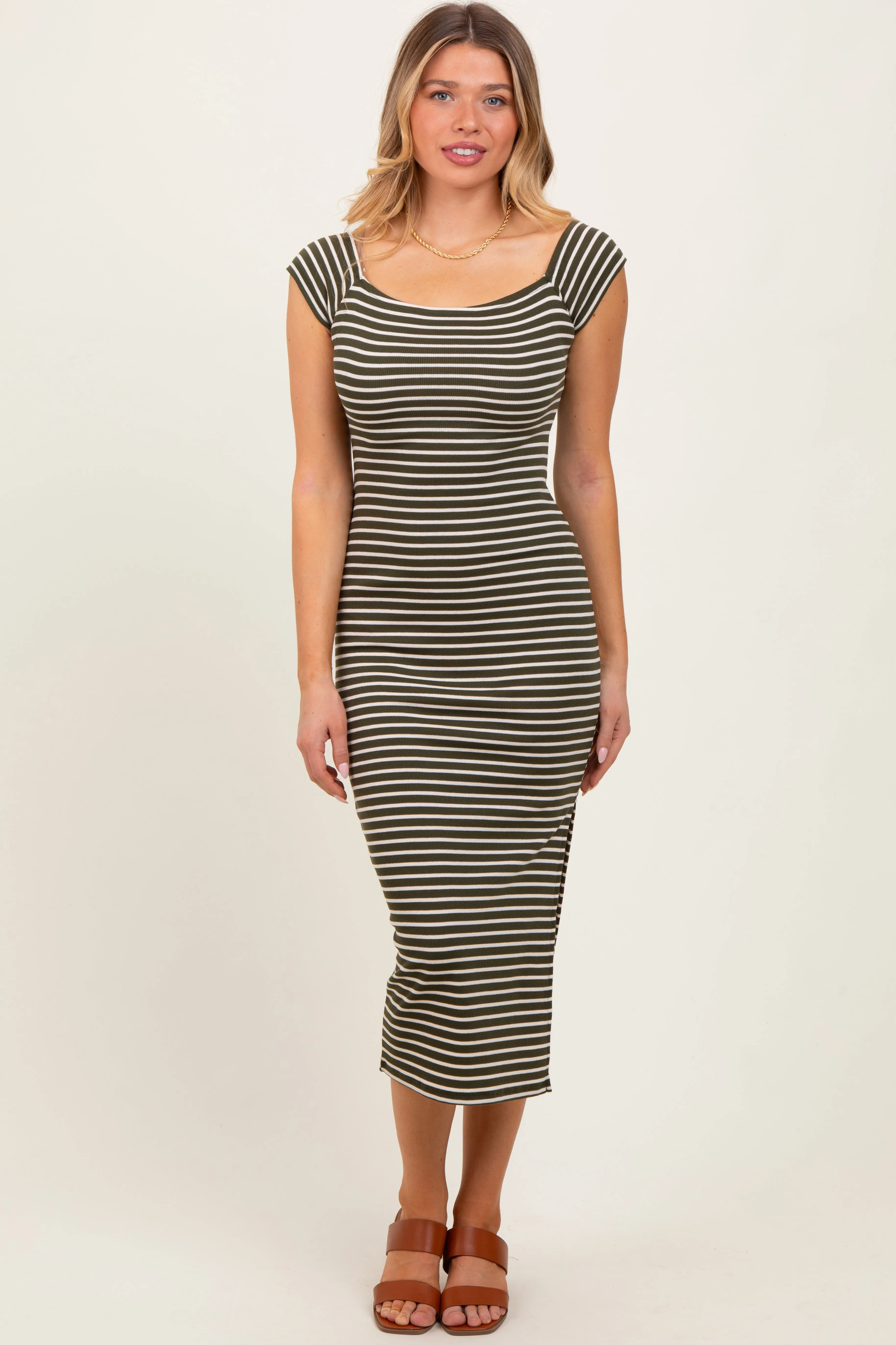 Olive Striped Off Shoulder Side Slit Midi Dress sold by Pinkblush product image thumbnail 2