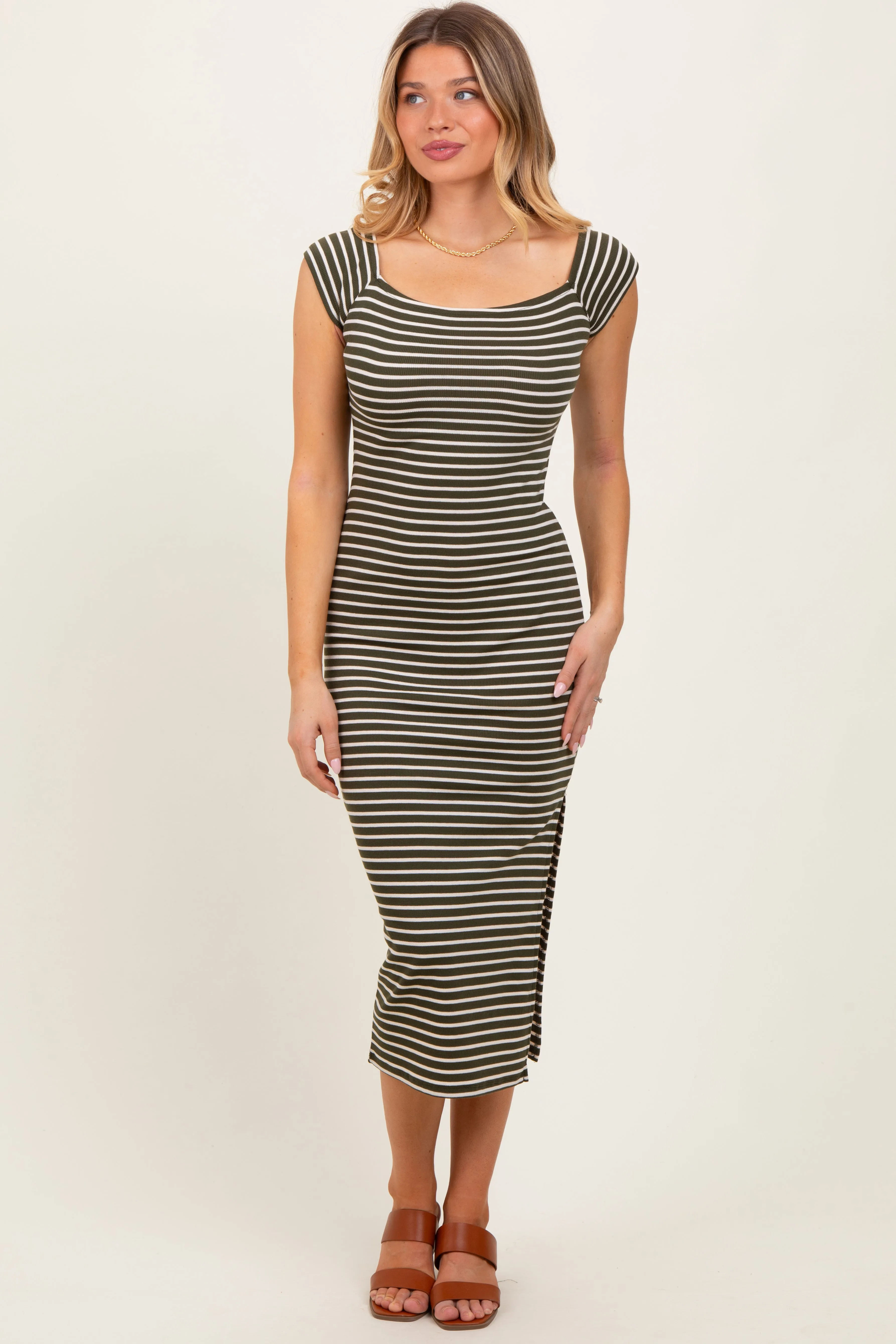 Olive Striped Off Shoulder Side Slit Midi Dress sold by Pinkblush