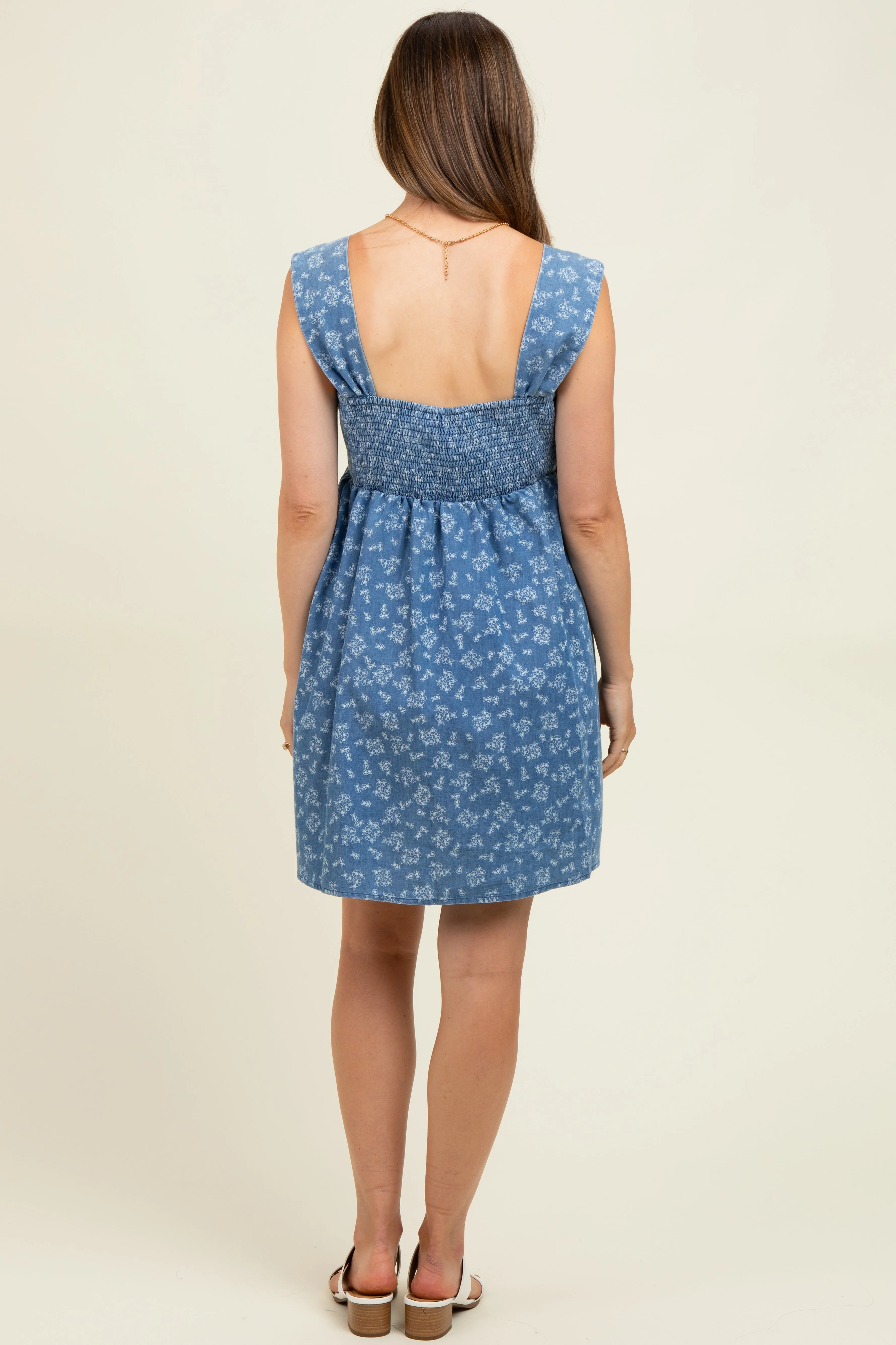Blue Floral Chambray Maternity Mini Dress sold by Pinkblush product image thumbnail 4