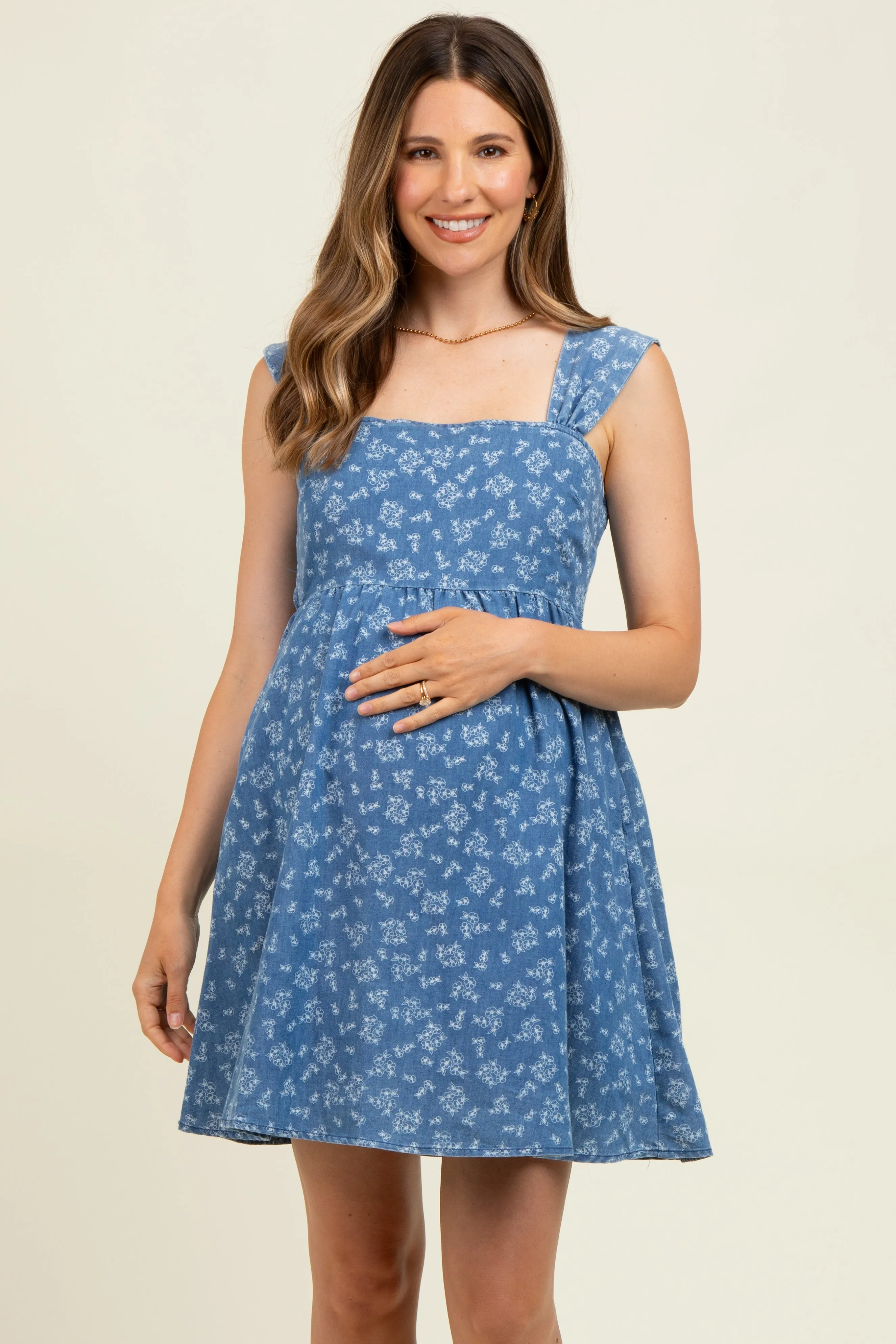 Blue Floral Chambray Maternity Mini Dress sold by Pinkblush