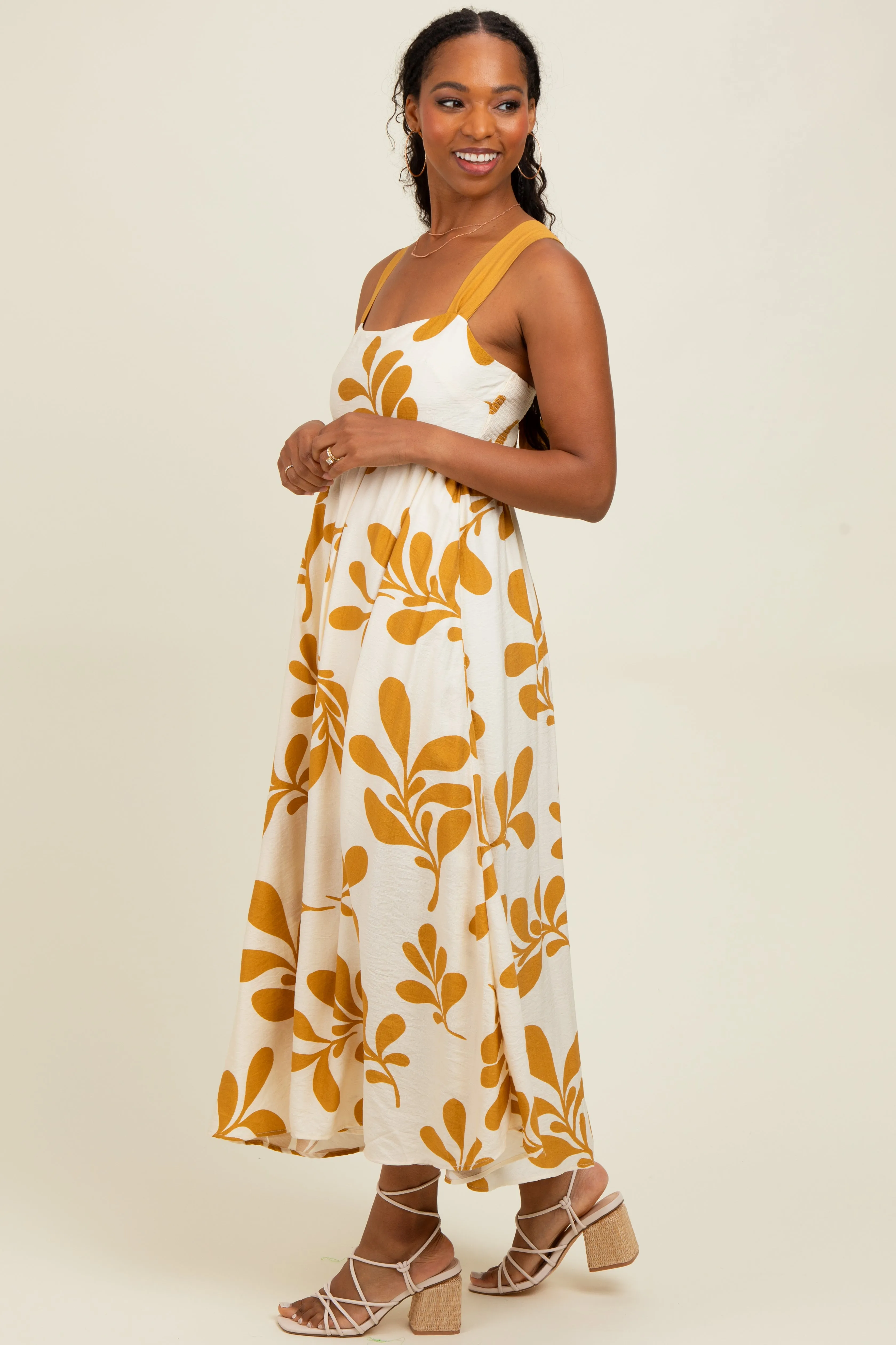 Yellow Leaf Print Tie Back Cutout Midi Dress sold by Pinkblush product image thumbnail 2