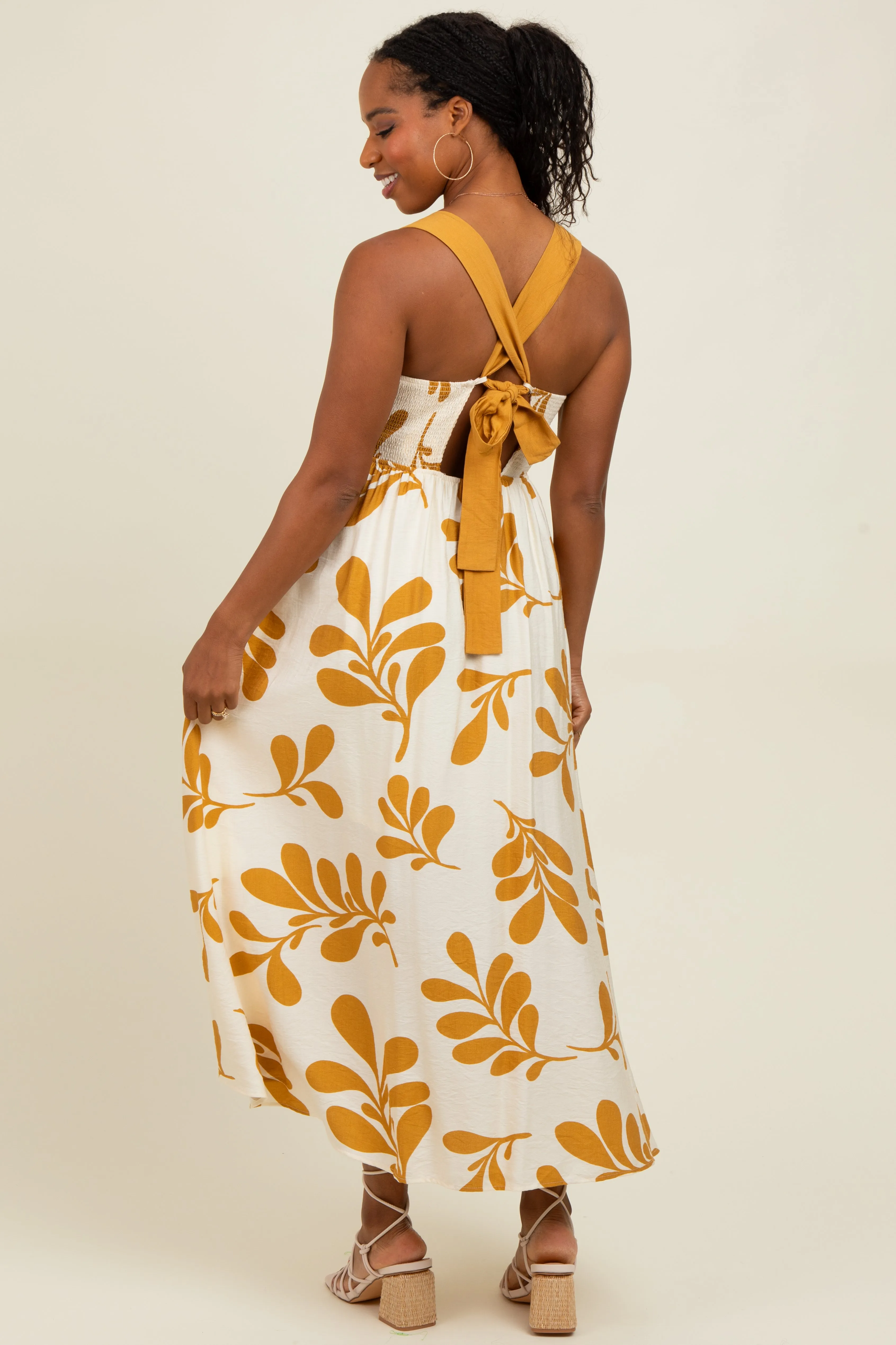 Yellow Leaf Print Tie Back Cutout Midi Dress sold by Pinkblush product image thumbnail 3