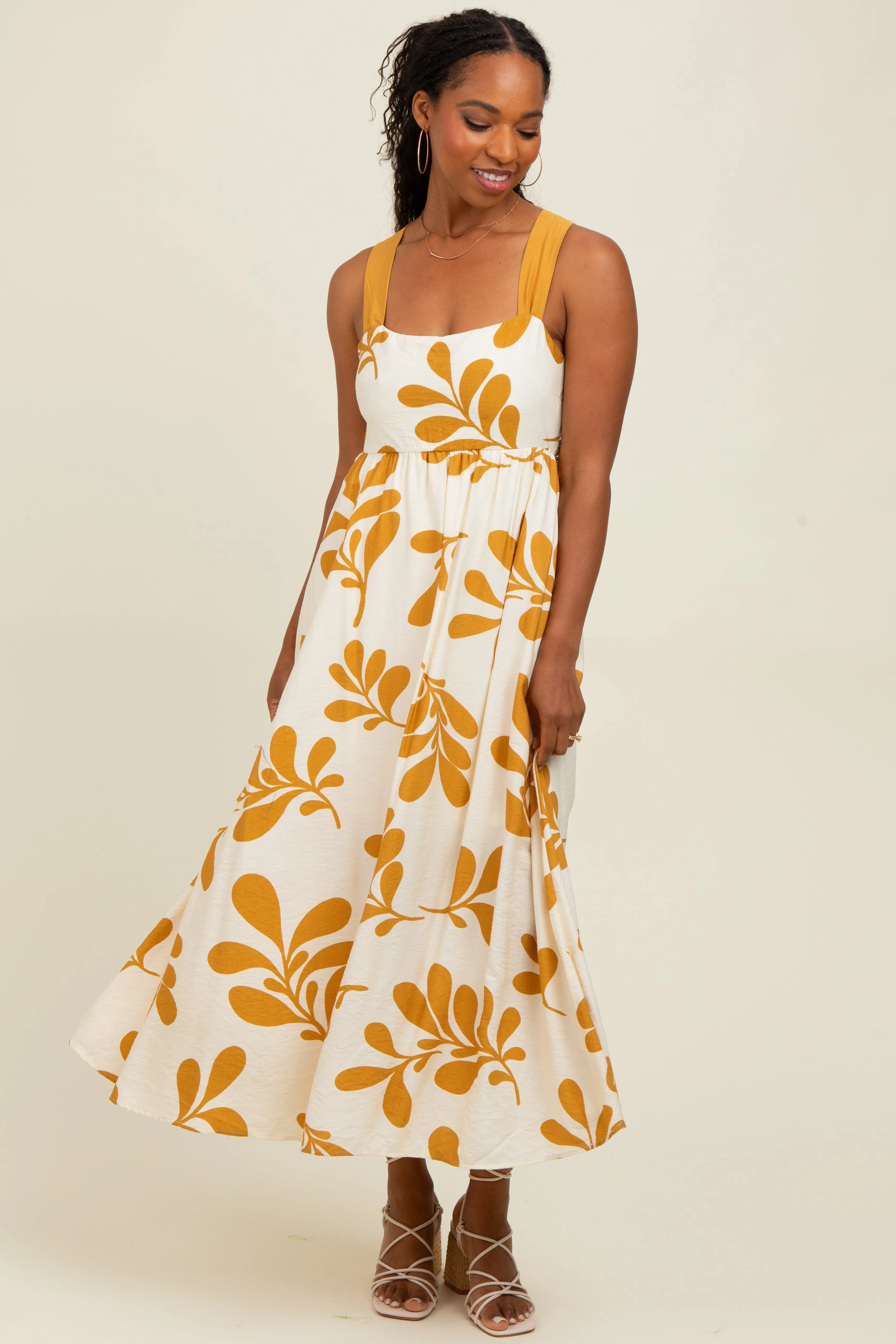 Yellow Leaf Print Tie Back Cutout Midi Dress sold by Pinkblush