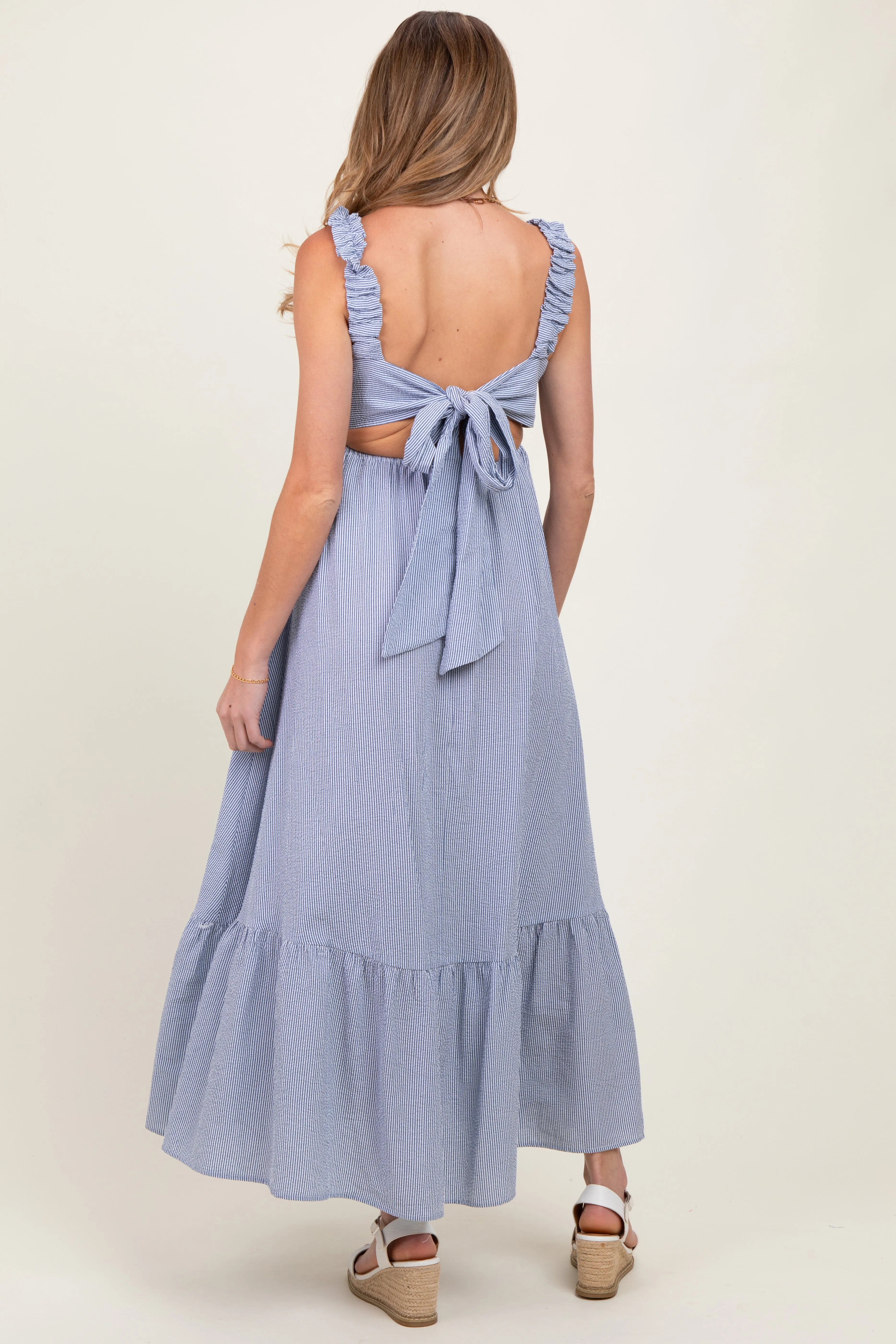 Navy Scrunch Strap Back Tie Ruffle Maternity Maxi Dress sold by Pinkblush product image thumbnail 3