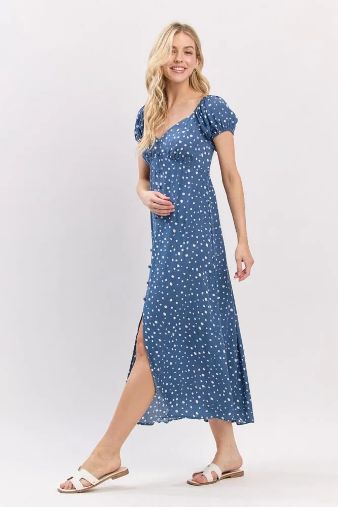 Blue Printed Button Accent Puff Sleeve Maternity Midi Dress sold by Pinkblush product image thumbnail 3