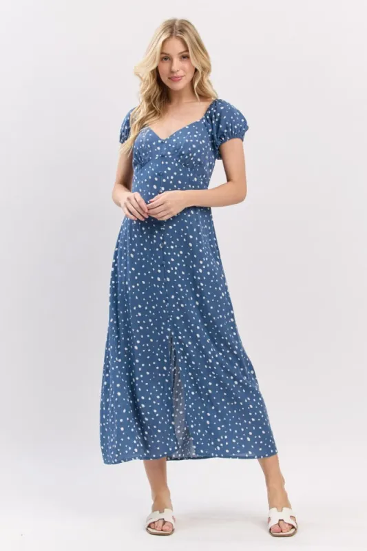 Blue Printed Button Accent Puff Sleeve Maternity Midi Dress sold by Pinkblush
